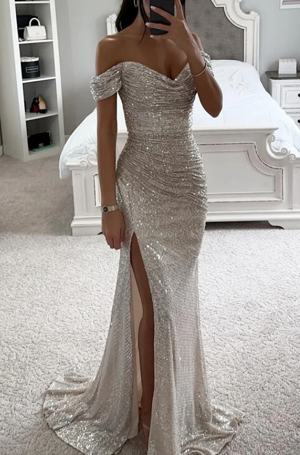 Schulterfreies Bleistift Cut Out Glitzer Standesamtkleid Antonia&nbsp;Silber