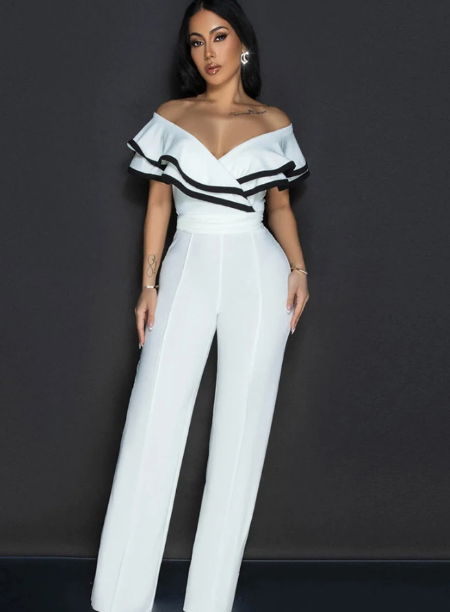 Schulterfreies Standesamt Overall Einteiler mit Rüschen in Weiß