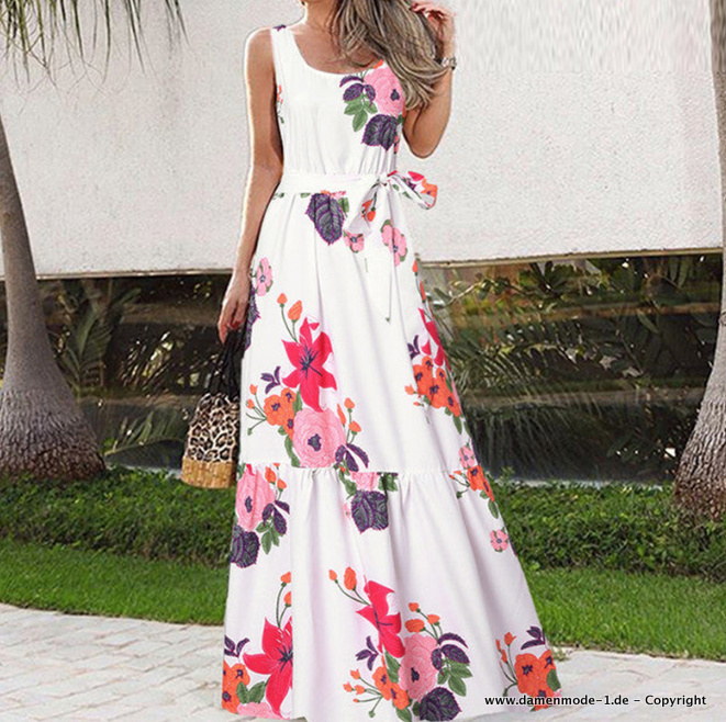 A Linie Maxi Sommerkleid Elegant mit Blumenmuster&nbsp;Weiß