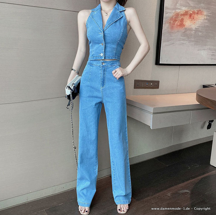 Retro Neckholder Träger Jeans Zweiteiler in&nbsp;Hellblau