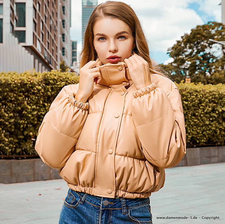 Warme PU Leder Winterjacke für Damen Kurz in&nbsp;Beige