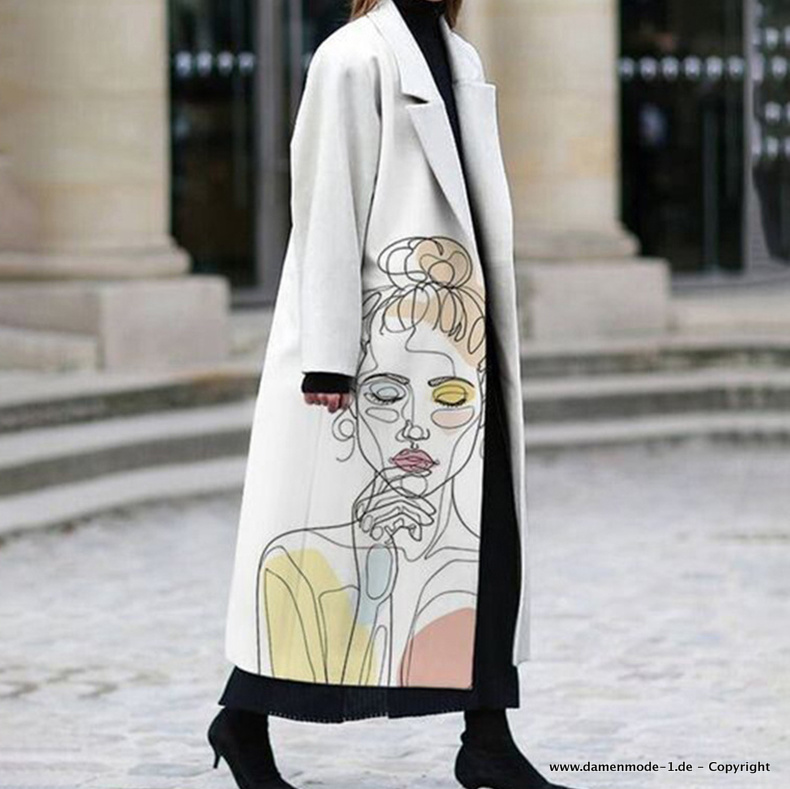 Cartoon Print Winter Mantel in Weiß&nbsp;Lang