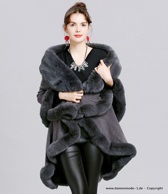 Damen Poncho Elegant mit Kunstpelzkragen in&nbsp;Dunkelgrau