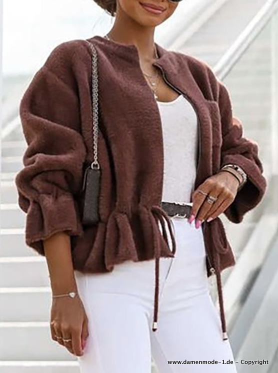 Langarm Streetwear Plüsch Zipper Strickjacke&nbsp;Braun