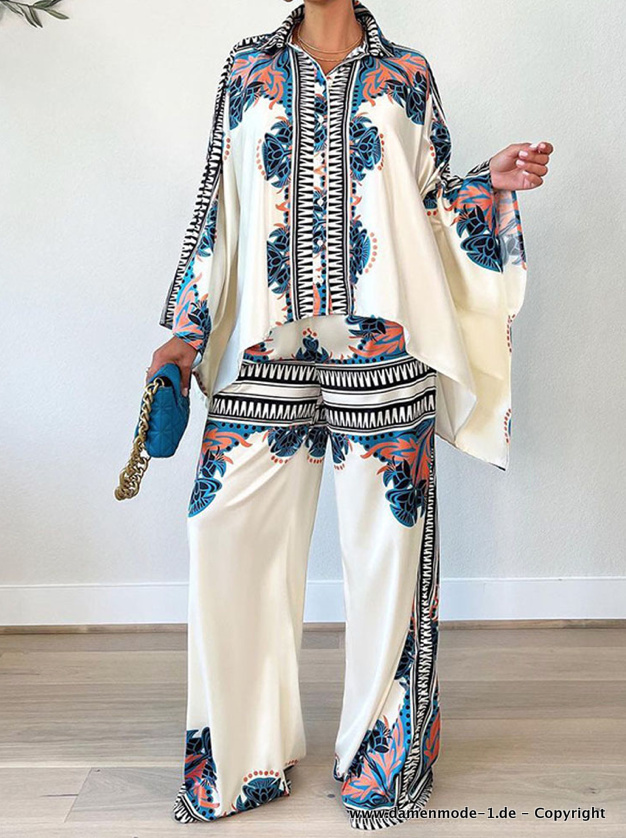 Vintage Print Zweiteiler Outfit Elegant in Weiß&nbsp;Blau
