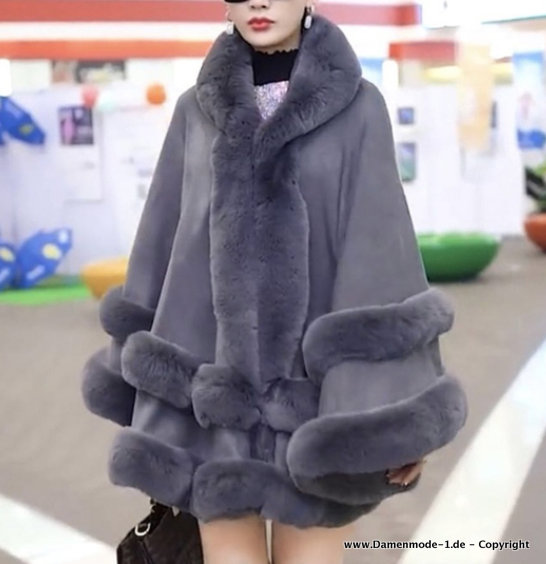 Luxus Kunstpelz Damen Poncho mit Kapuze Elegant in&nbsp;Silbergrau
