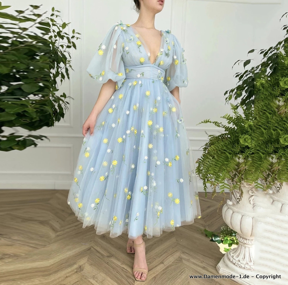 A Linie Tüll Abendkleid Wadenlang mit Blumen in&nbsp;Hellblau
