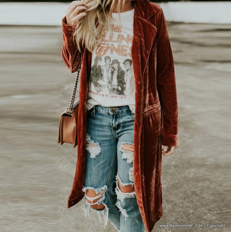 Samt Strickjacke Cardigan Lang in Bronze&nbsp;Braun