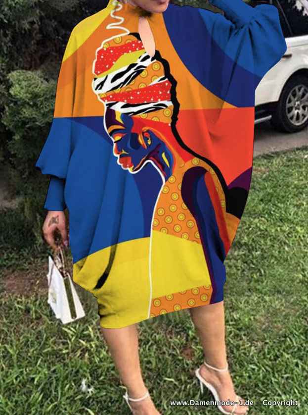 Vintage Print Oversize Pulloverkleid Knielang in Blau&nbsp;Gelb