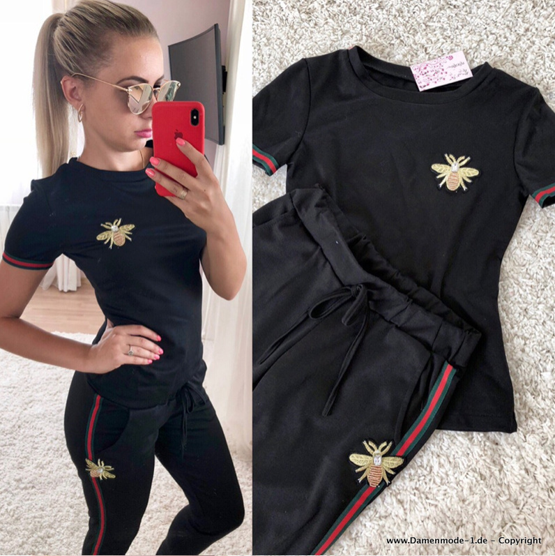 Kurzarm Freizeitanzug Damen Jogger in Schwarz mit Bienen&nbsp;Stickerei