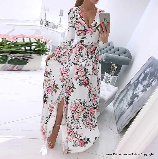 Elegantes Langarm Chiffon Kleid in Weiß mit&nbsp;Blumen