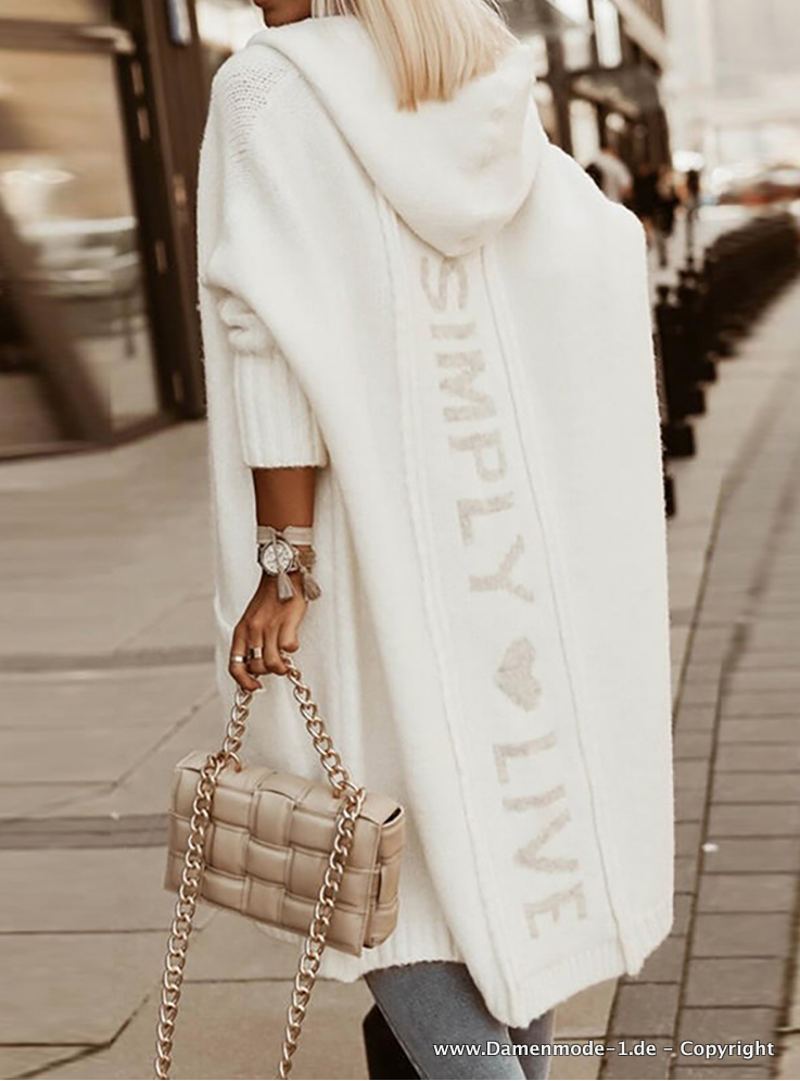 Langarm Print Cardigan Strickjacke in Weiß mit&nbsp;Kapuze