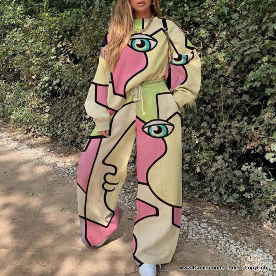 Graffiti Print Jogginganzug Freizeitanzug in&nbsp;Beige