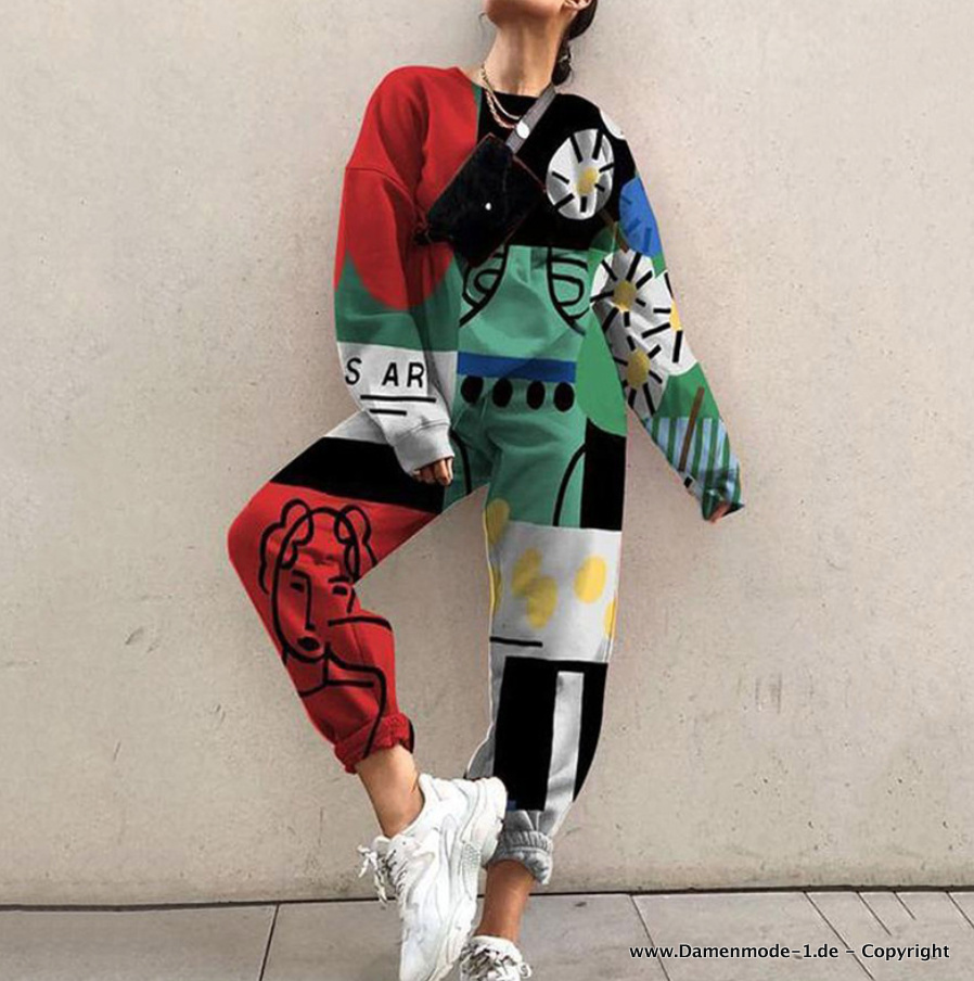 Graffiti Print Jogginganzug Trainingsanzug Bunt&nbsp;Lang