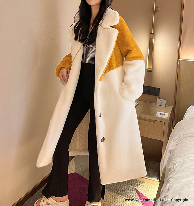 Langer Fleece Damen Mantel für den Winter Gelb&nbsp;Weiß