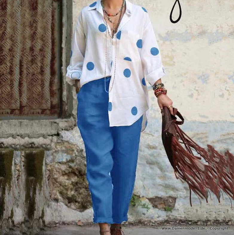 Damen Outfit Langarm Bluse mit Hose im Set Blau&nbsp;Weiß