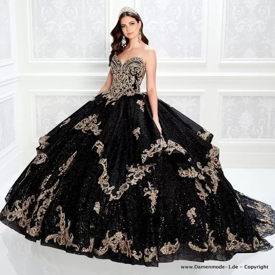 Quinceanera Ballkleid Abendkleid in Schwarz mit&nbsp;Stickereien
