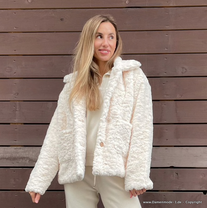 Kurze Plüsch Winter Jacke für Damen in&nbsp;Weiß