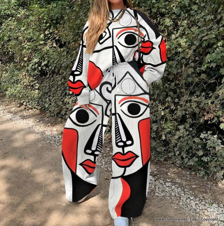 Print Herbst Winter Freizeitanzug Annika Weiß Rot&nbsp;Schwarz