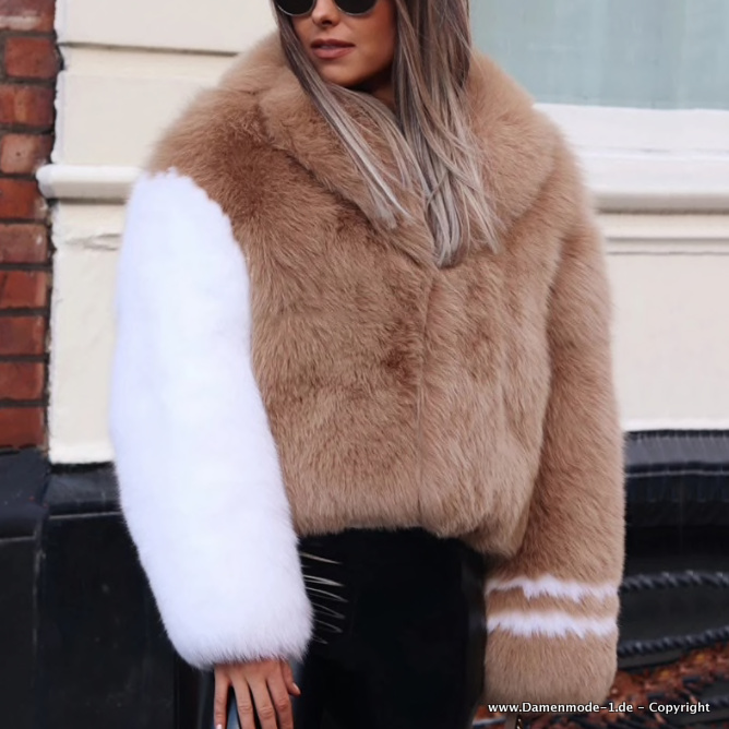 Plüsch Teddy Damen Wintermantel Kurz in Braun&nbsp;Weiß