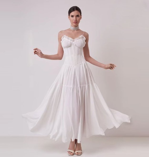 Spaghettiträger Vintage Style Standesamtkleid Angela Annelie mit Corsage Schnürung&nbsp;Knöchellang