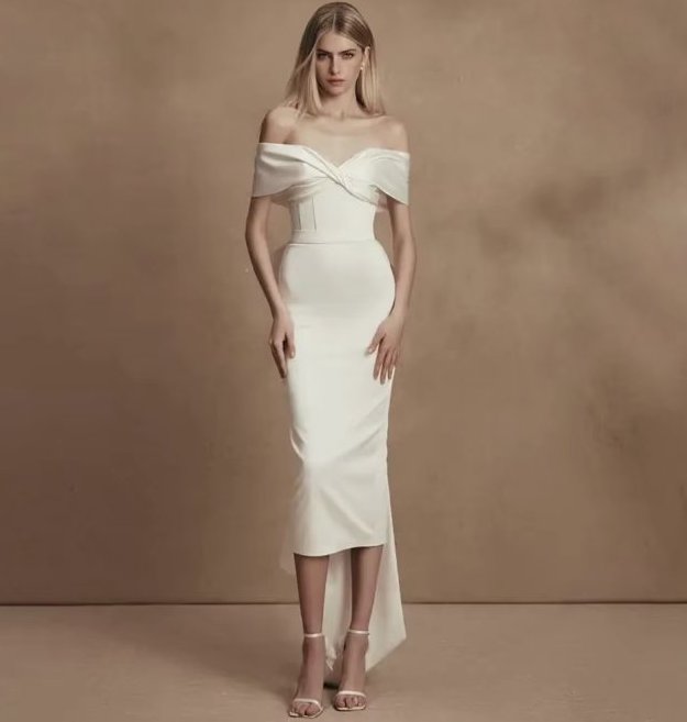 Schulterfreies Midi Brautkleid Annelina Wadenlang mit&nbsp;Schärpe