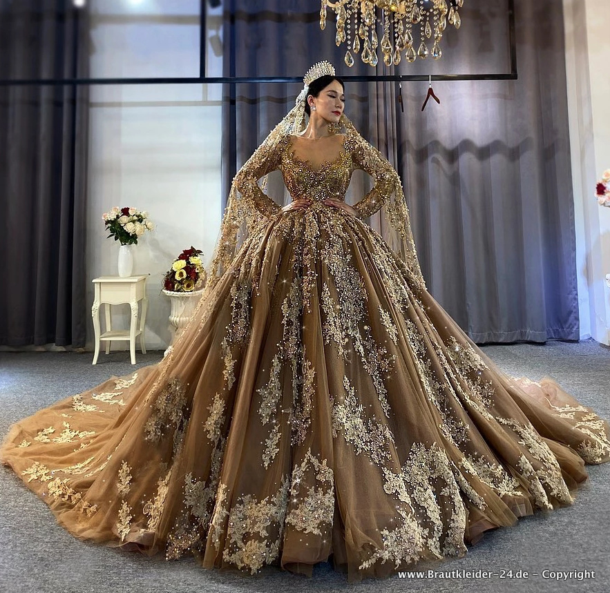 Ball Linie Prinzessin Brautkleid mit Schleppe Stickereien in Bronze&nbsp;Braun