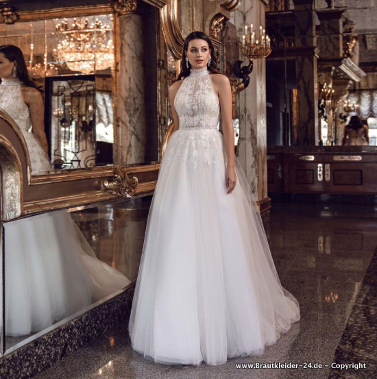A Linie Brautkleid mit Blumen Spitze&nbsp;Hochgeschlossen