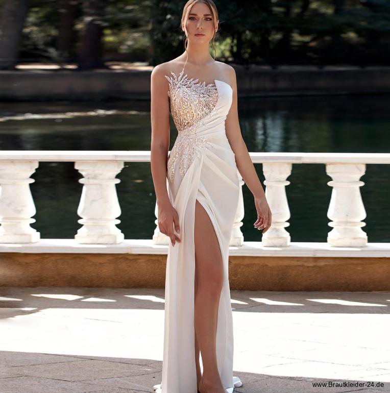 Schulterfreies I Linie Brautkleid mit Schlitz und Kristall&nbsp;Applikationen