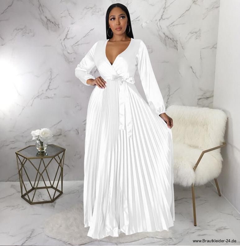 Langarm Plissee Empire Standesamtkleid Heidje in&nbsp;Weiß