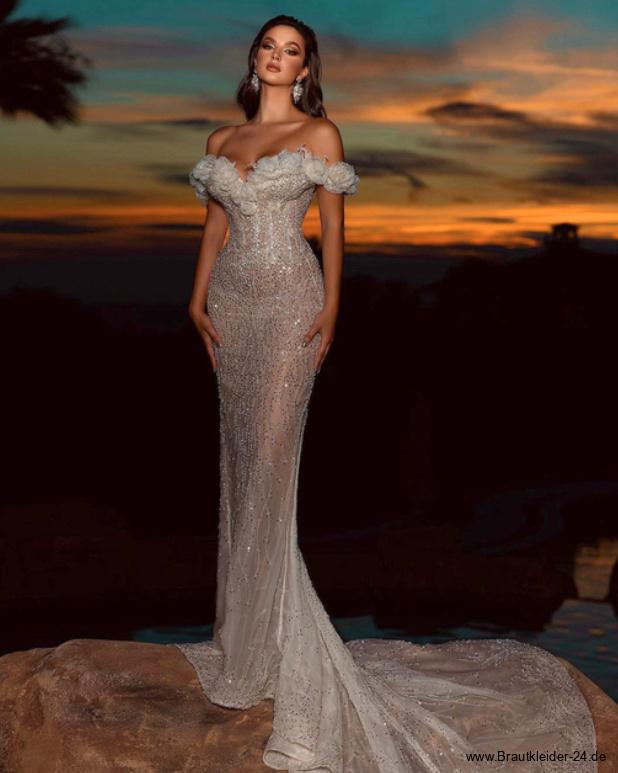Exquisite Kristall Meerjungfrau Brautkleid Schulterfrei mit Schleppe und Blumen