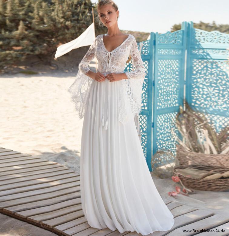 Boho Style Chiffon Brautkleid mit Fledermaus Ärmel aus&nbsp;Spitze