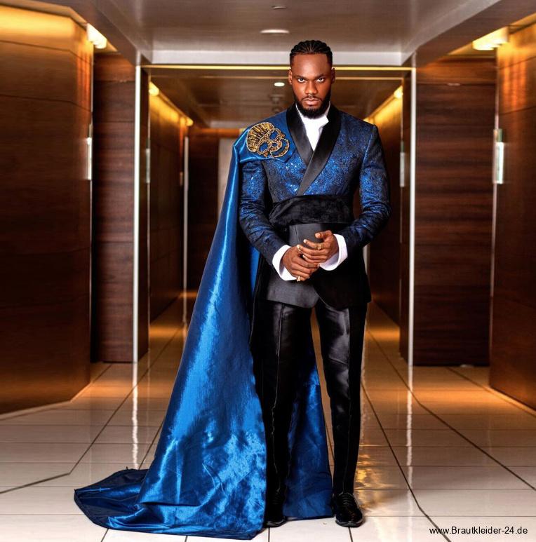 Satin Hochzeitsanzug für den Bräutigam Zweiteilig in Royalblau Schwarz mit&nbsp;Cape