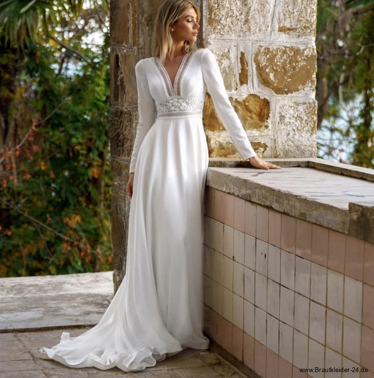 Langarm Empire Brautkleid Inken mit Blumen Schärpe und&nbsp;Pinselschleppe