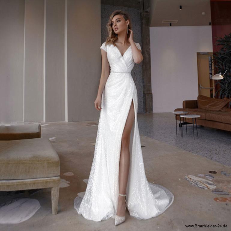 Weißes Glitzer Cut Out Kleid Standesamtkleid Insa mit&nbsp;Ärmel