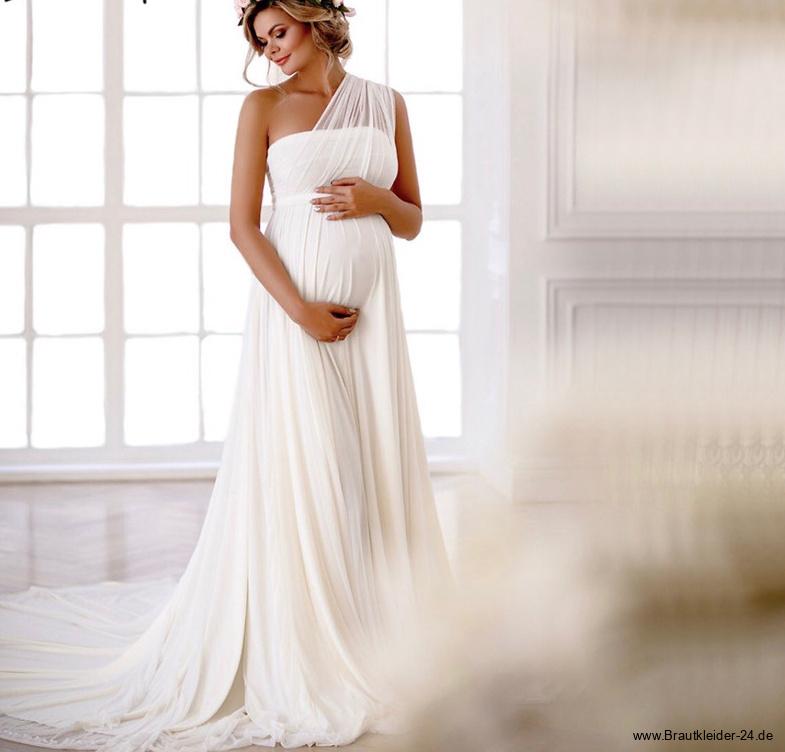 One Shoulder Tüll Umstandsbrautkleid Romantisch mit&nbsp;Schleppe