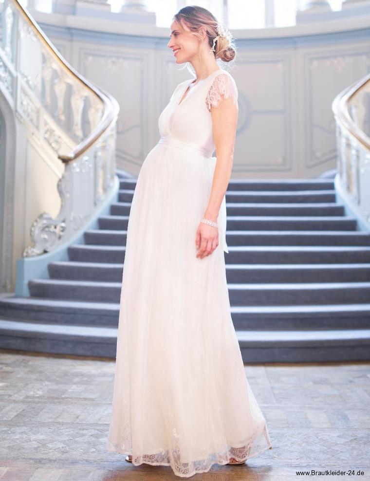 Empire Umstandsbrautkleid mit V Ausschnitt aus&nbsp;Spitze