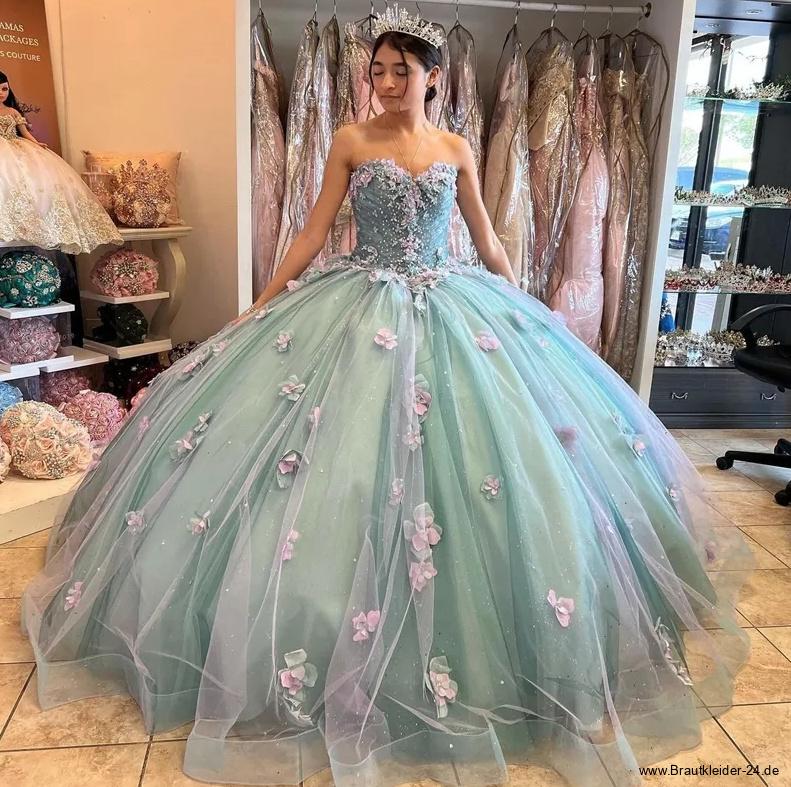 Schulterfreies Prinzessin Quinceanera Brautkleid in Hellgrün mit 3D&nbsp;Blumen