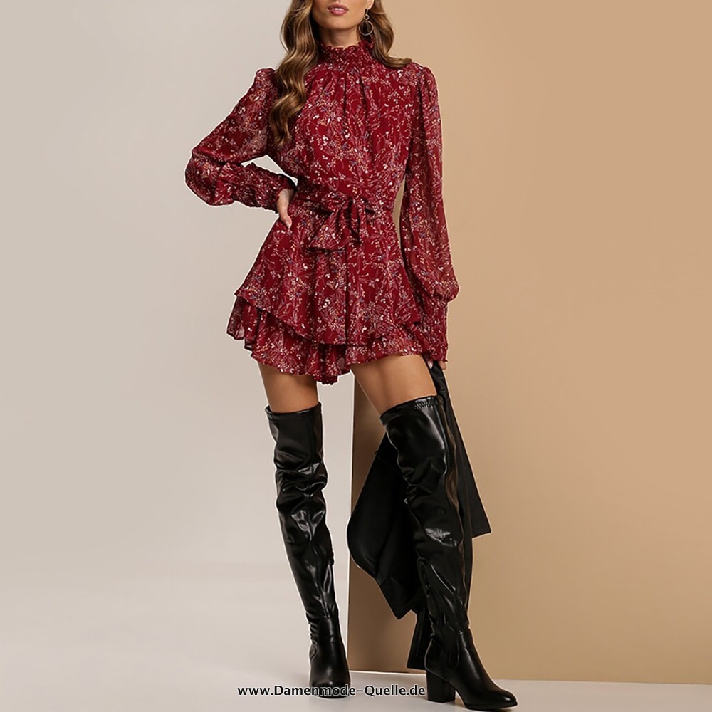 Blumenmuster Rundhals Rüschen mini Kleid&nbsp;Weinrot