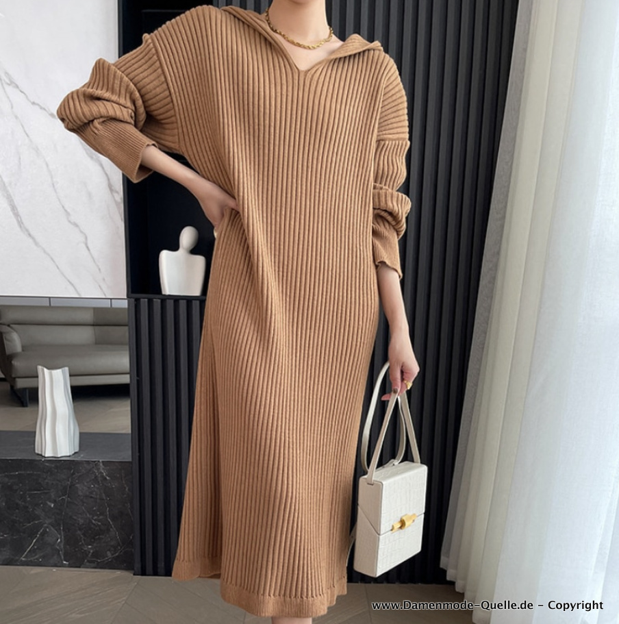 Winter Sweater Kleid Strickkleid Wadenlang in Beige mit&nbsp;Kapuze