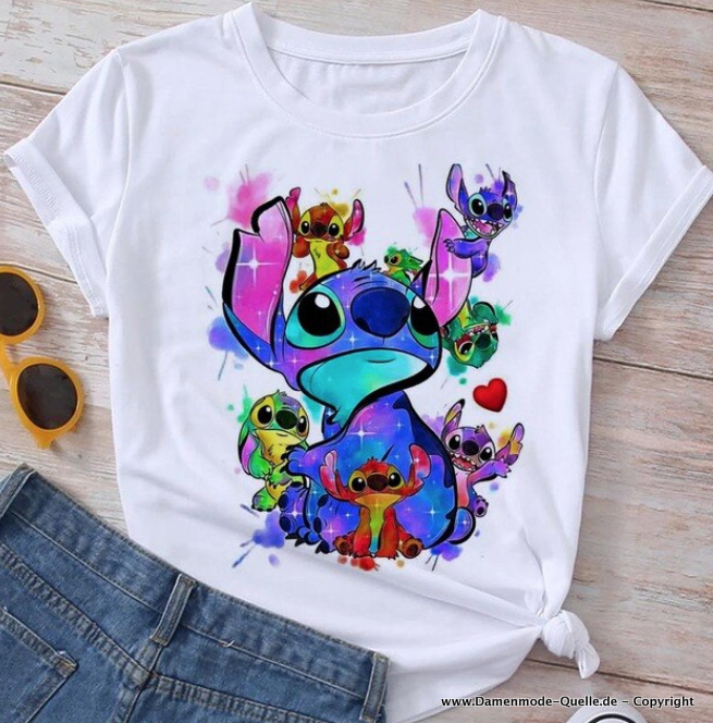 Multicolor Stitch Print Damen T-Shirt in&nbsp;Weiß