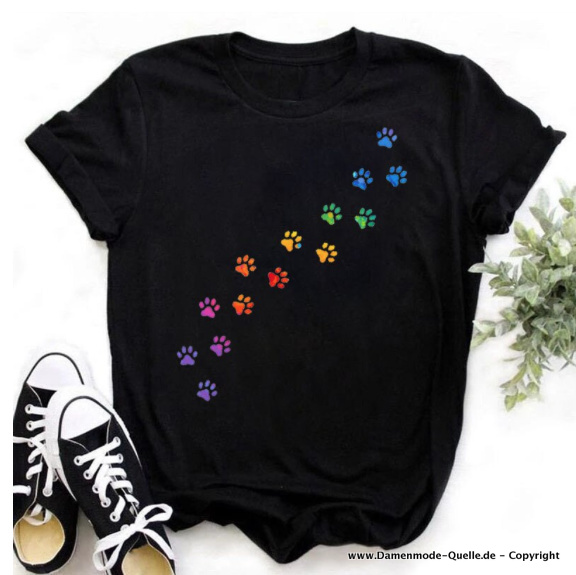 Katzenpfoten Print Damen T-Shirt in&nbsp;Schwarz
