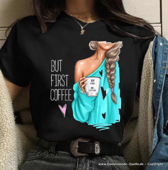 But First Coffee Print Damen T-Shirt in&nbsp;Schwarz