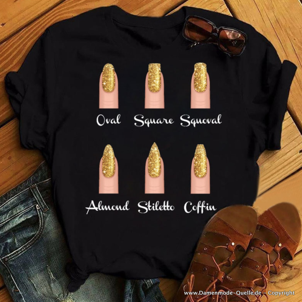 Glitzer Nagel Style Print Damen T-Shirt in&nbsp;Schwarz