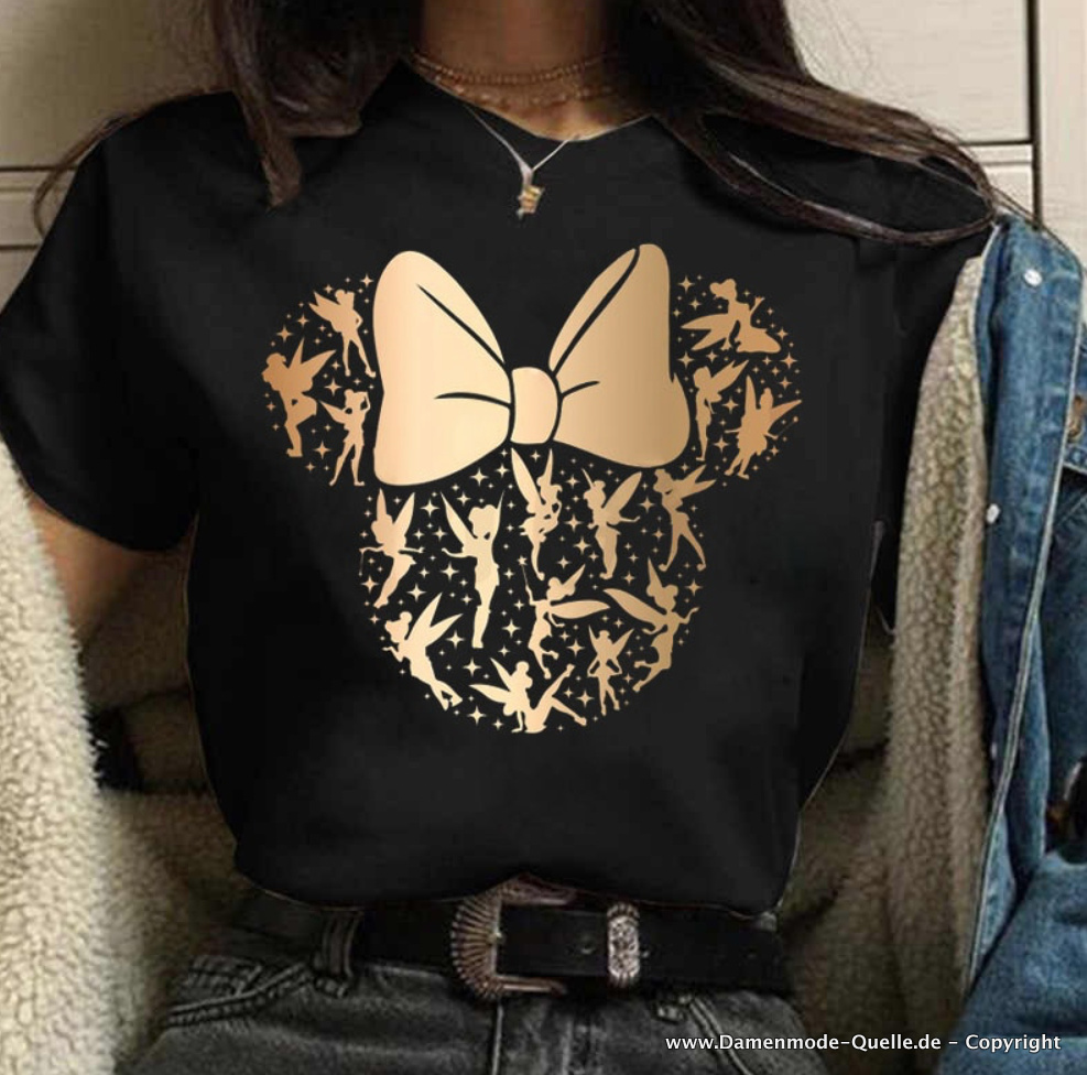 Minnie und Tinkerbell Print Damen T-Shirt in&nbsp;Schwarz
