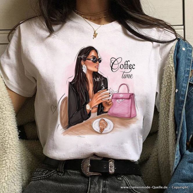 Coffee Time Print Damen T-Shirt in&nbsp;Weiß