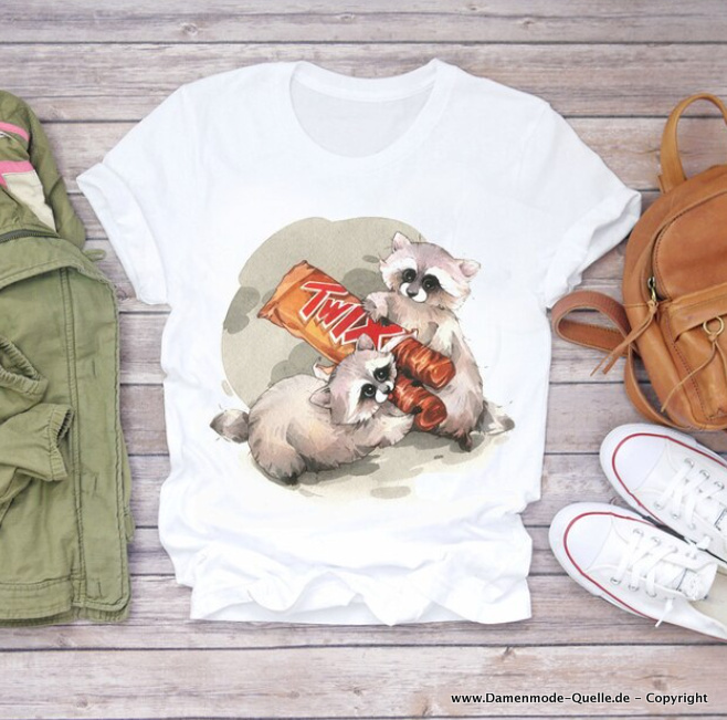 Lustige Waschbär mit Nutella Print Damen T-Shirt in&nbsp;Weiß