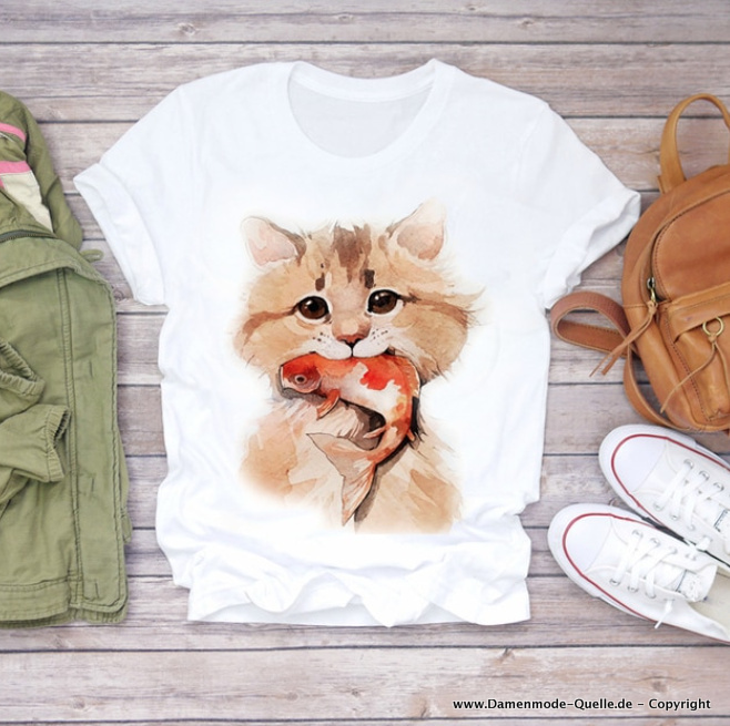 Kätzchen mit Fisch Print Damen T-Shirt in&nbsp;Weiß