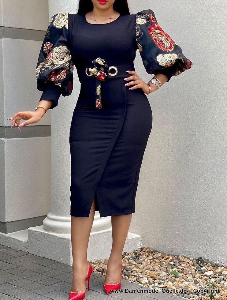 Wadenlanges Elegantes Plus Size Kleid mit Blumen und Laternenärmel in&nbsp;Navyblau