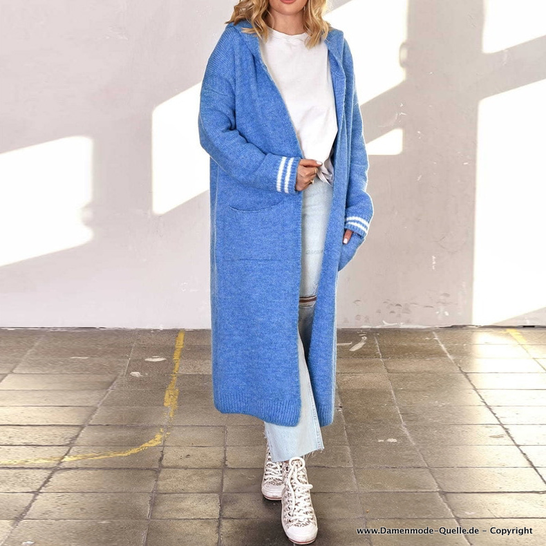 Long Pullover Cardigan Strickjacke mit Kapuze in&nbsp;Hellblau